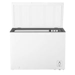 Front view of Hisense white 10.5 cu. ft. convertible chest freezer with lid open, showing spacious interior and removable storage basket