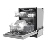 Hisense 24” Stainless Steel Front Control Dishwasher shown open at an angle with loaded upper and lower racks and cutlery basket