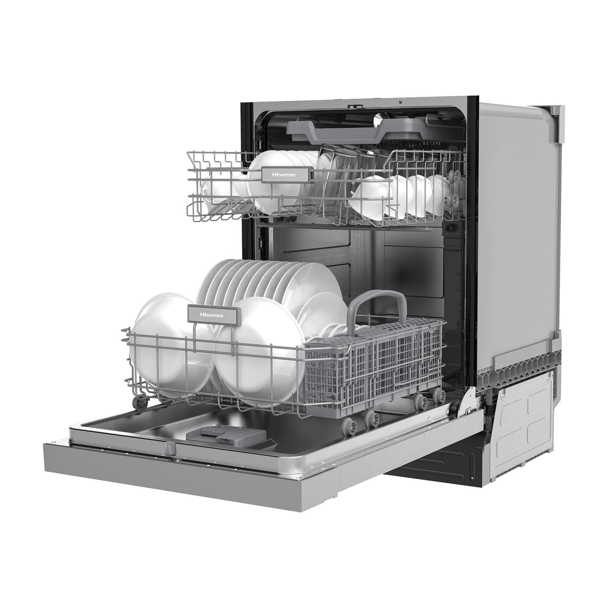 Hisense 24” Stainless Steel Front Control Dishwasher shown open at an angle with loaded upper and lower racks and cutlery basket