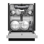 Hisense 24” Stainless Steel Front Control Dishwasher open from the front with dishes loaded in the upper and lower racks