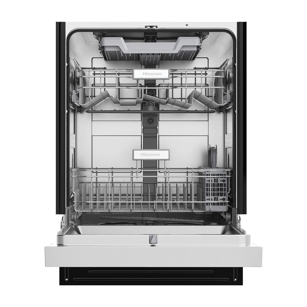 Hisense 24” Stainless Steel Front Control Dishwasher open from the front showing the empty upper and lower racks and third rack