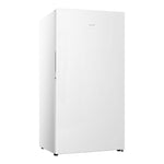 Three-quarter view of Hisense white 17 cu. ft. garage-ready convertible upright freezer with a flat door, integrated pocket handle and clean minimalist design