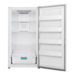 Hisense white 17 cu. ft. convertible upright freezer with door open, showing multiple wire shelves, a large lower storage basket, door bins and interior controls