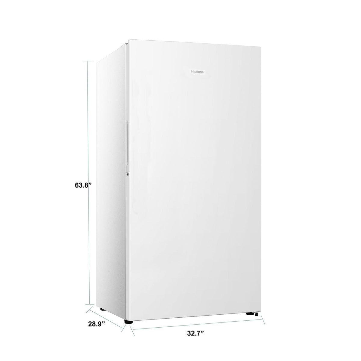 Hisense white 17 cu. ft. convertible upright freezer dimension diagram showing 63.8-inch height, 32.7-inch width and 28.9-inch depth