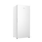 Three-quarter view of Hisense white 21 cu. ft. frost-free garage-ready convertible upright freezer with a smooth single-door design and integrated side handle