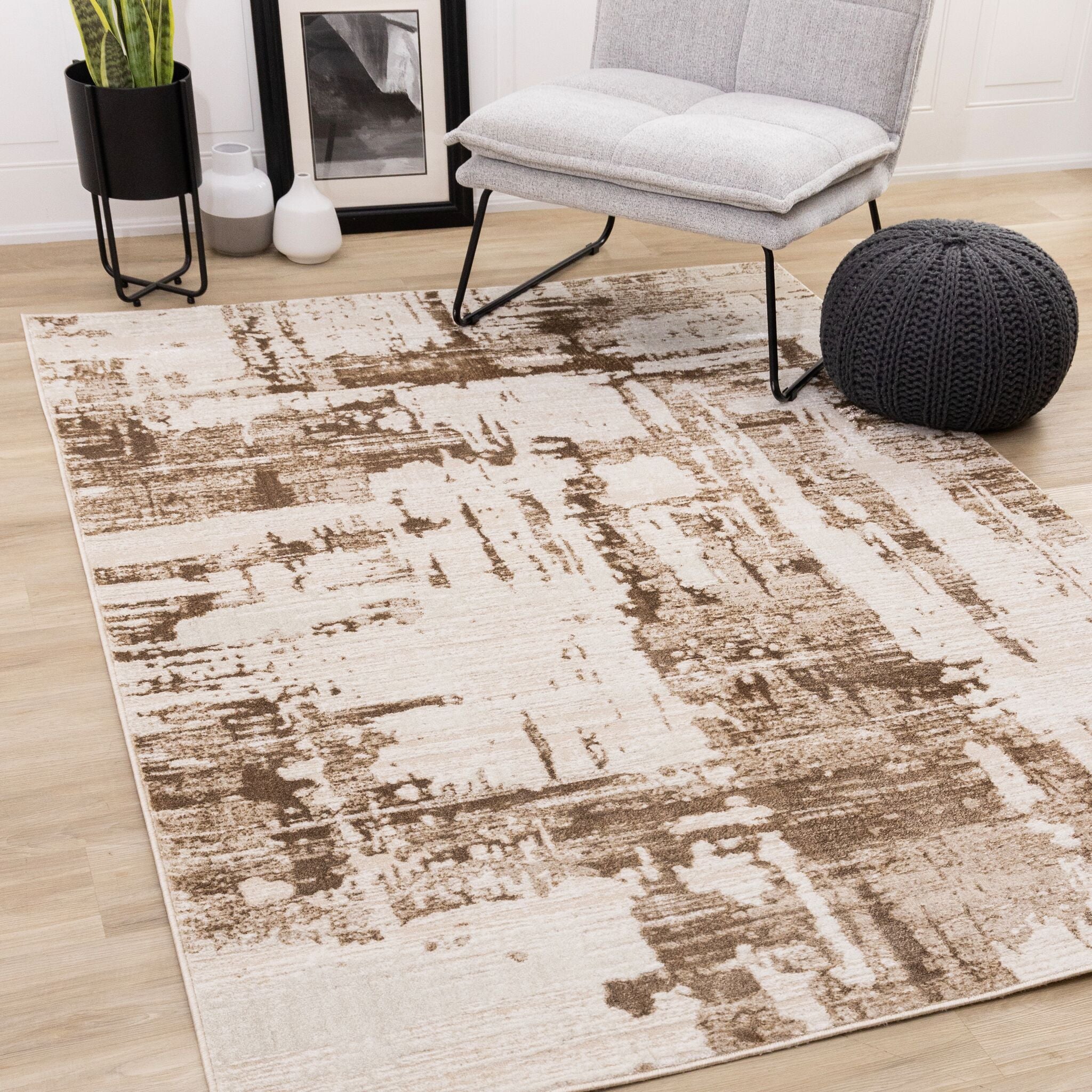 In Hamony 6'7" x 9'6" Organic Distressed Design Area Rug - Cream, Brown