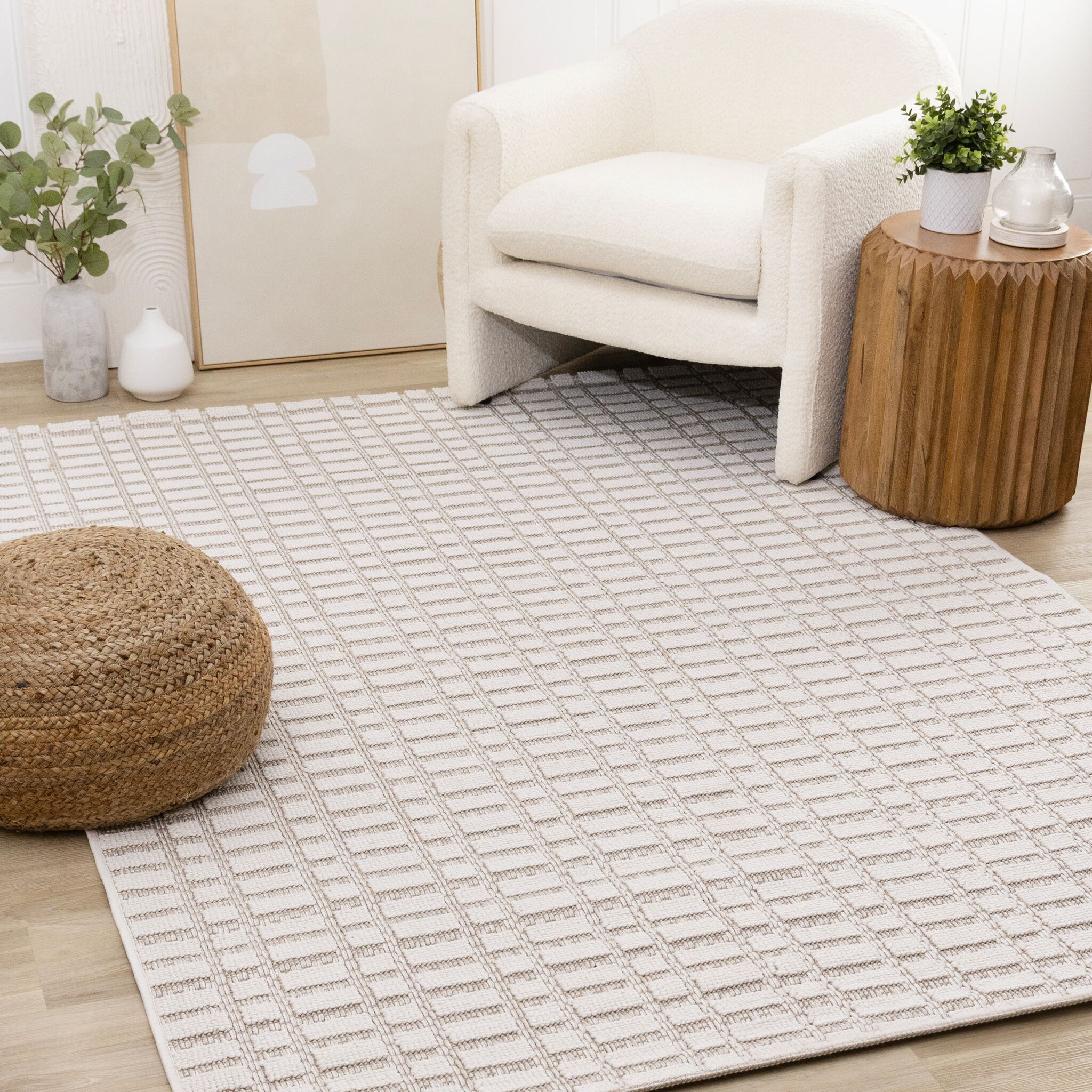 Woven Balance 6'7" x 9'6" Intricate Grid Design Area Rug - White, Taupe