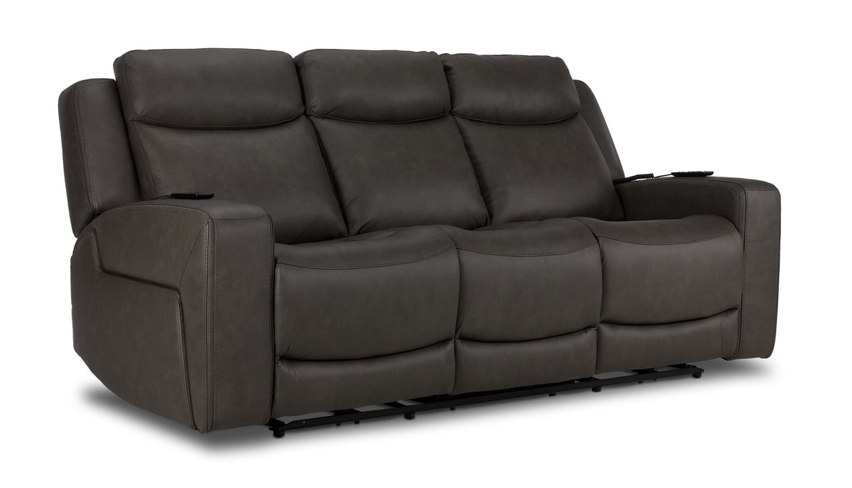 Jackson Leather Power Reclining Sofa with Heat and Massage - Anthracite angled view with three padded seats and headrests
