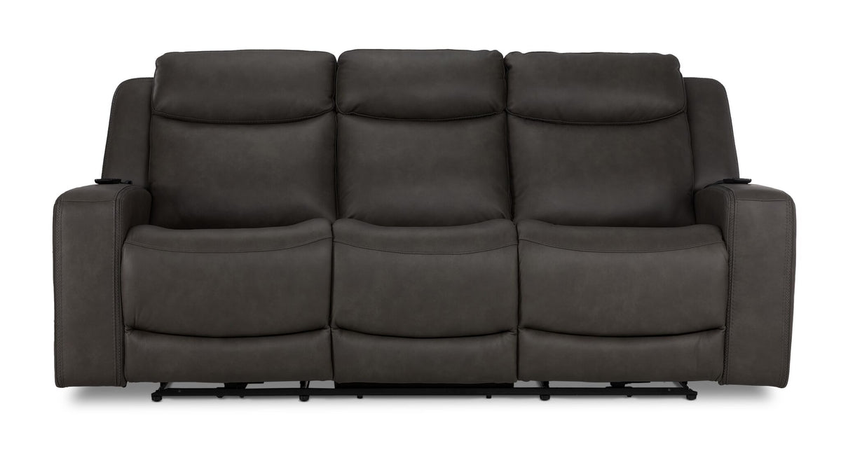 Jackson anthracite leather power reclining sofa front view with three cushioned seats, padded backs and wide arms