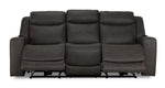 Jackson anthracite leather reclining sofa front view with both end footrests extended and centre seat upright
