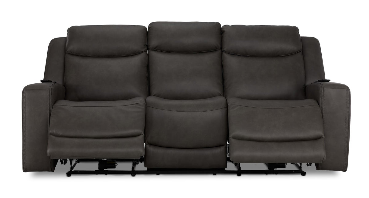 Jackson anthracite leather reclining sofa front view with both end footrests extended and centre seat upright
