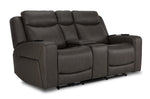 Jackson Leather Power Reclining Loveseat - Anthracite angled view with two padded seats, headrests and centre console