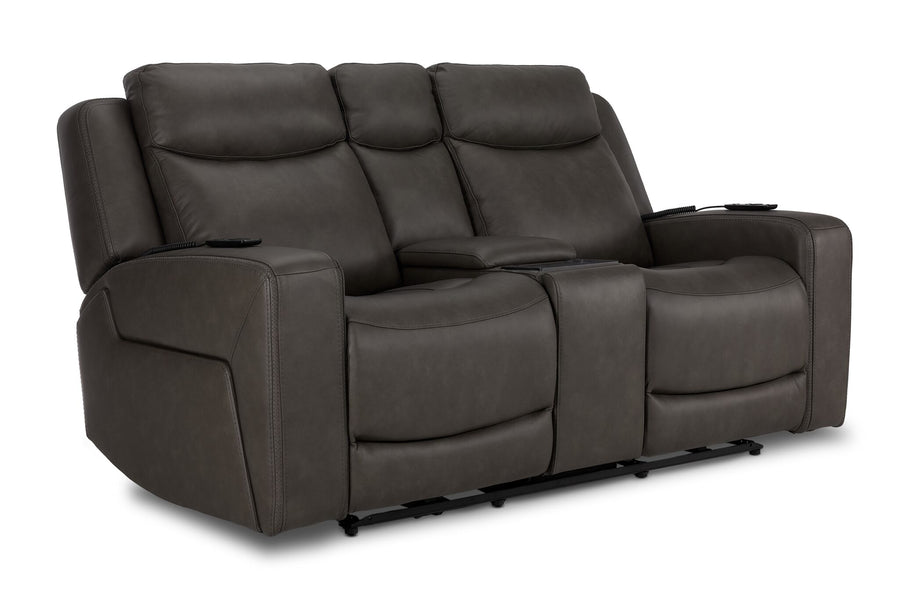 Jackson Leather Power Reclining Loveseat - Anthracite angled view with two padded seats, headrests and centre console