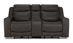 Jackson anthracite leather power reclining loveseat front view with two seats, padded headrests and centre console