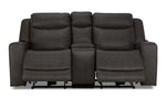 Jackson anthracite leather reclining loveseat front view with both footrests extended and padded headrests