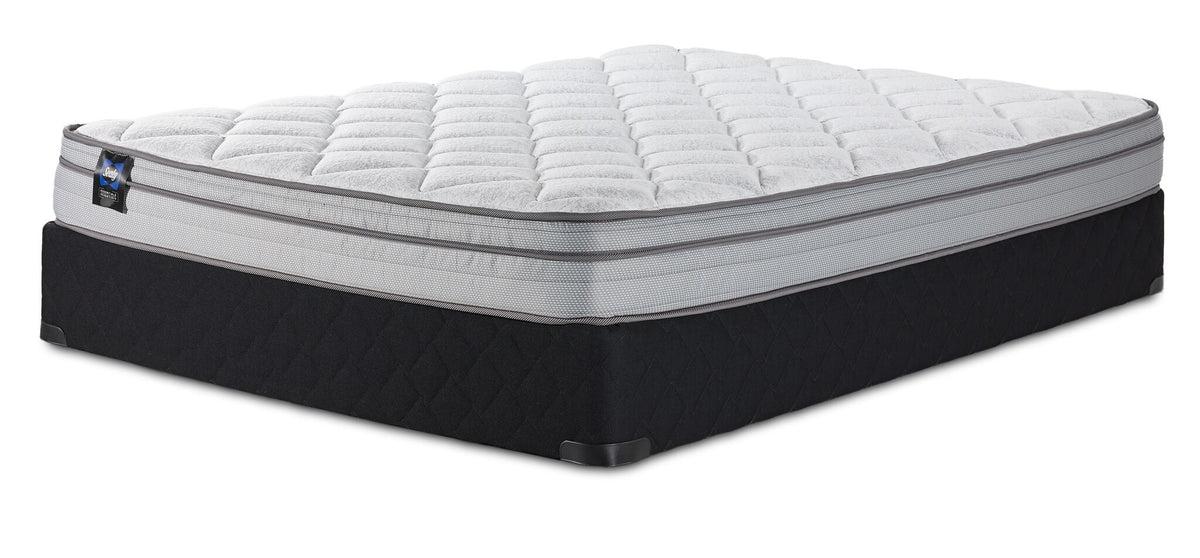 Sealy Essentials Kairo Medium Euro Top Twin XL mattress and boxspring set with quilted white top and black base