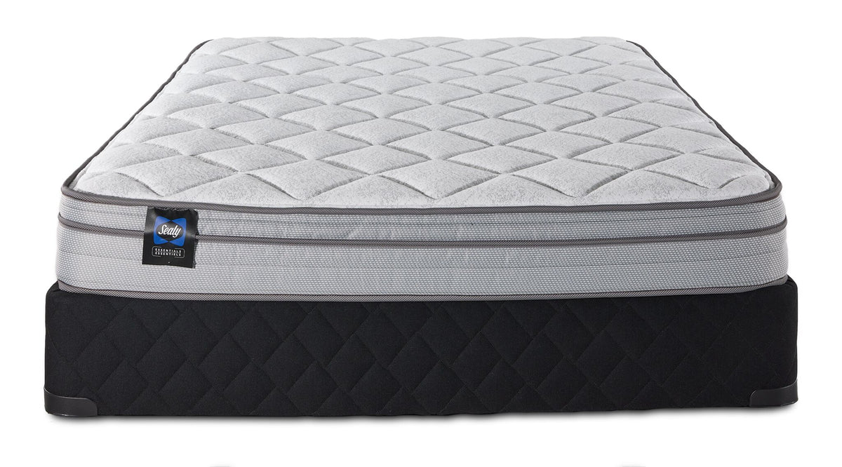 Front view of Sealy Essentials Kairo Medium Euro Top Full mattress and boxspring set with black quilted base