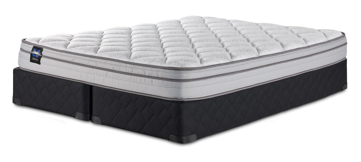 Sealy Essentials Kairo Medium Euro Top Queen mattress and split boxspring set with quilted white top and black base