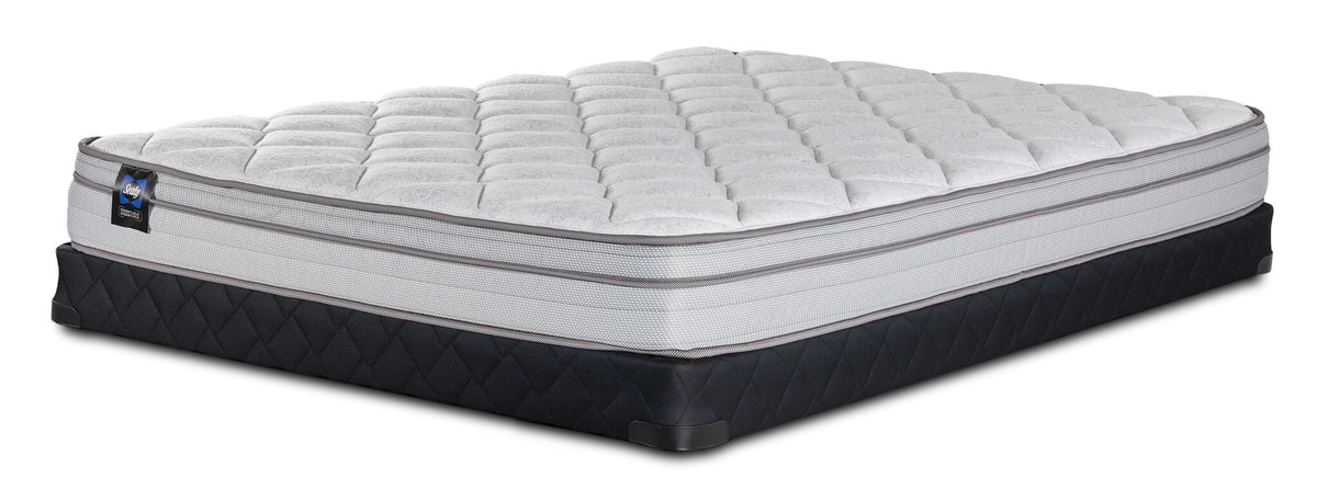 Sealy Essentials Kairo Medium Euro Top Queen mattress and low profile boxspring set with quilted white top and black base