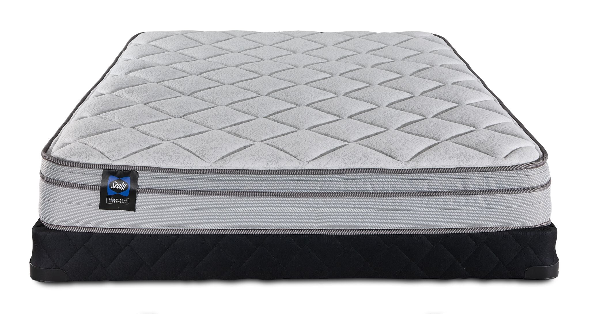 Front view of Sealy Essentials Kairo Medium Euro Top Twin mattress and low profile boxspring set with black quilted base