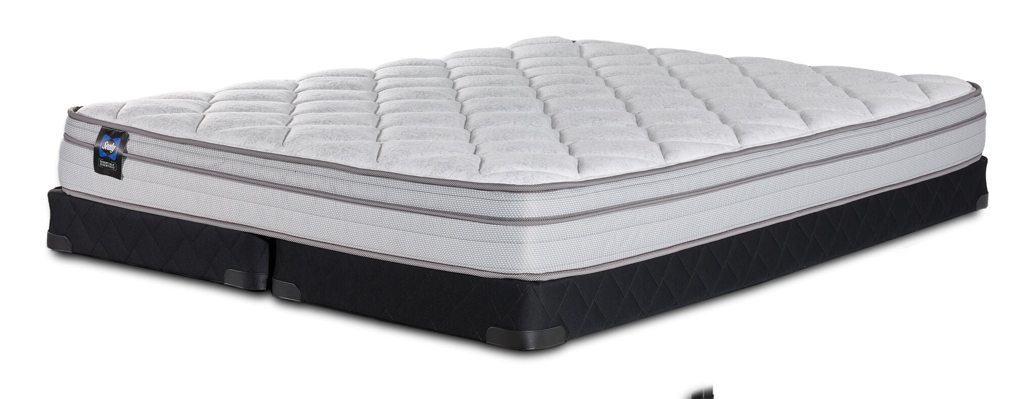 Sealy Essentials Kairo Medium Euro Top Queen mattress with split low profile boxspring, three-quarter view