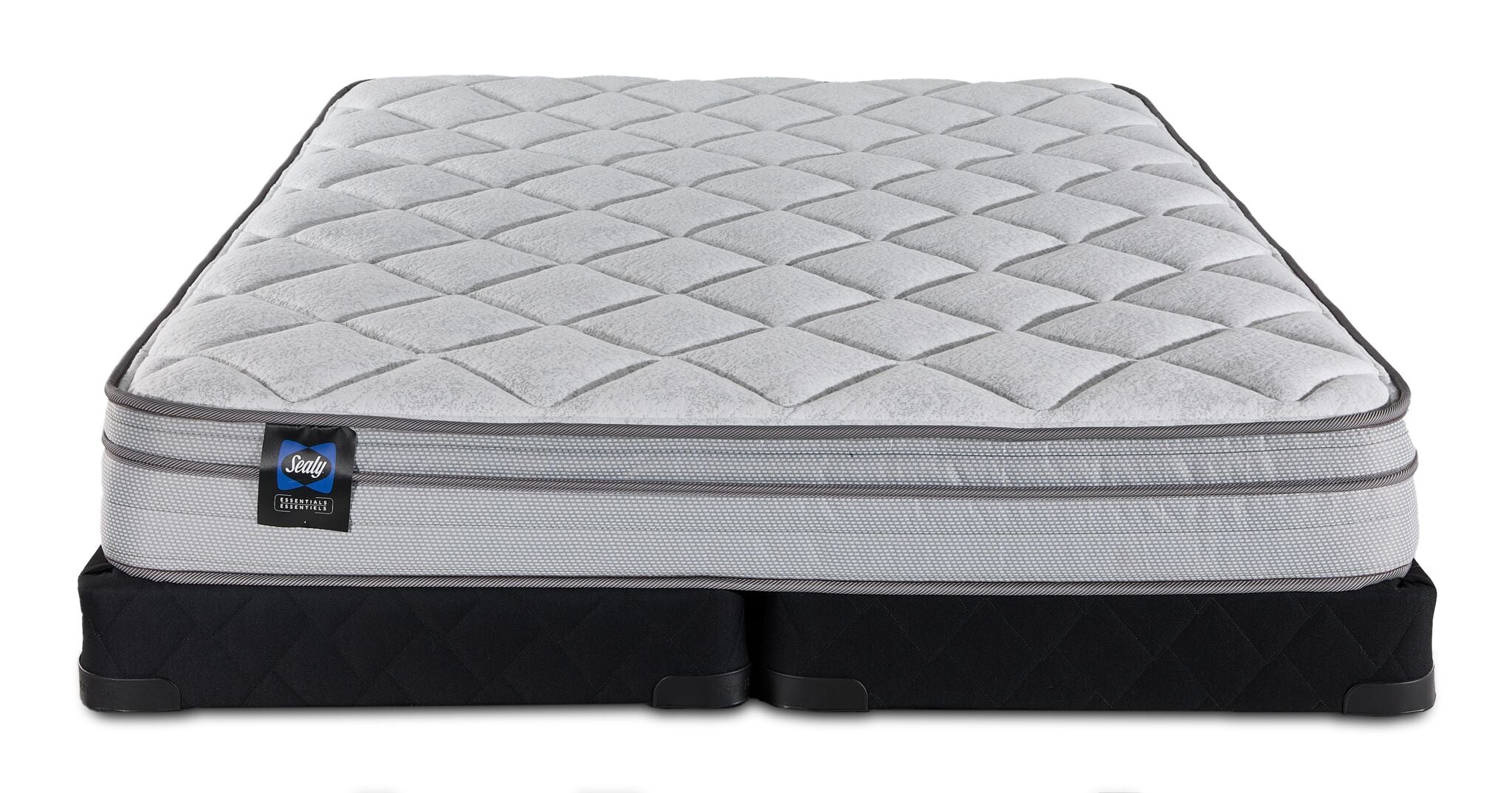 Sealy Essentials Kairo Medium Euro Top Queen mattress with split low profile boxspring, front view