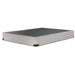 Kingsdown White Boucle full boxspring with beige polyester upholstery and a black support surface, angled view