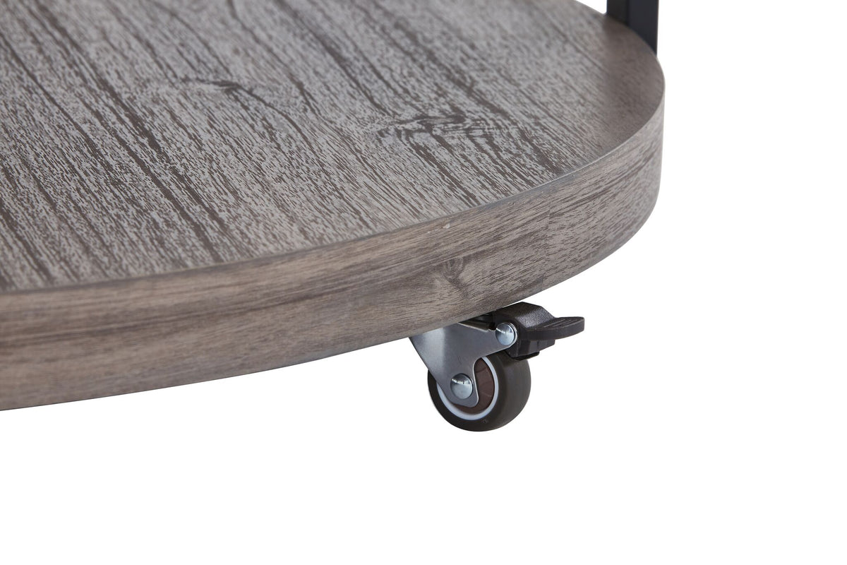 Kosmos coffee table close-up showing dark oak lower shelf and small caster wheel beneath the base