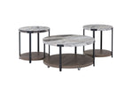 Kosmos faux marble and dark oak coffee table with two matching round end tables, black metal legs and lower shelves