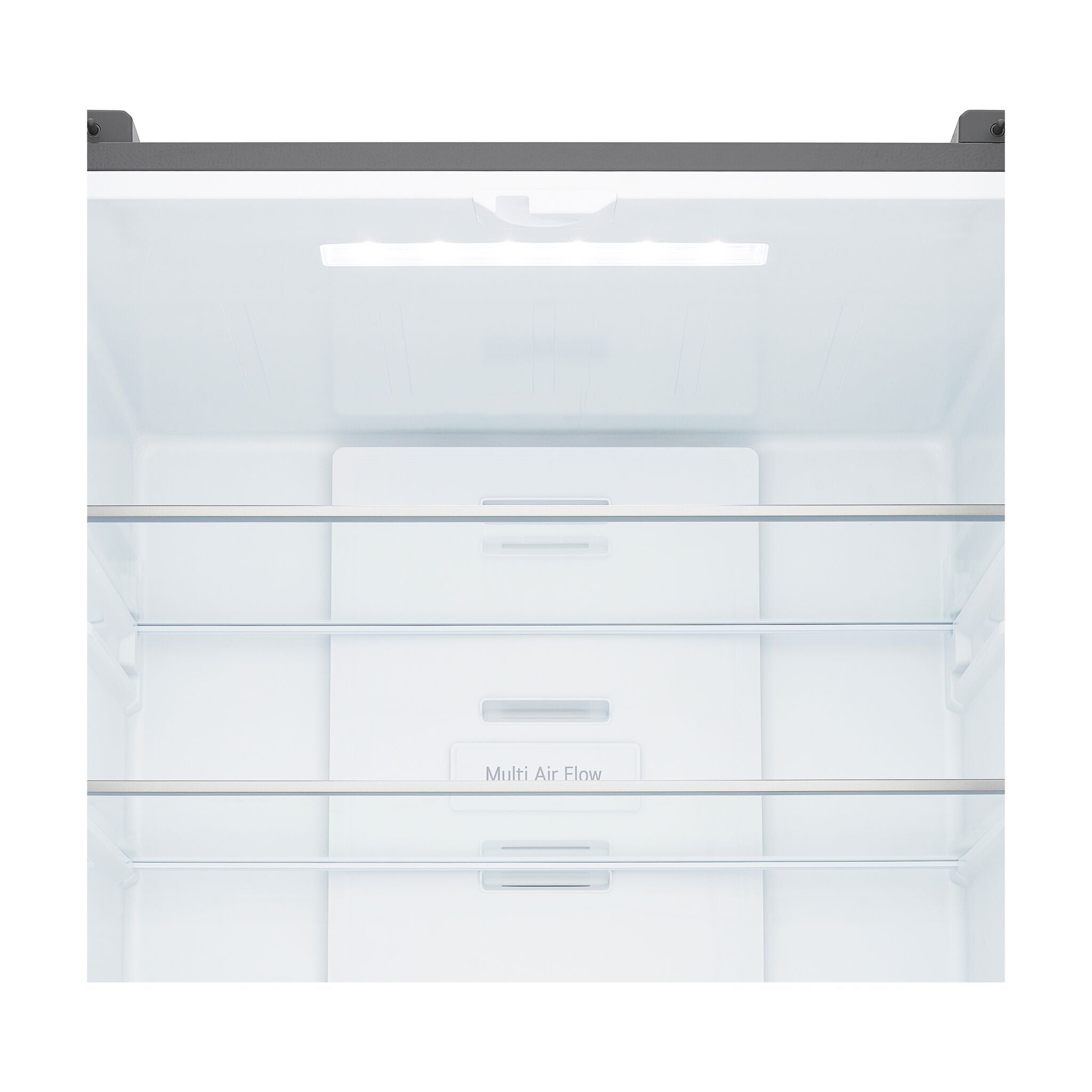 Close-up of LG refrigerator interior showing LED lighting, glass shelves and Multi Air Flow vents on the rear panel