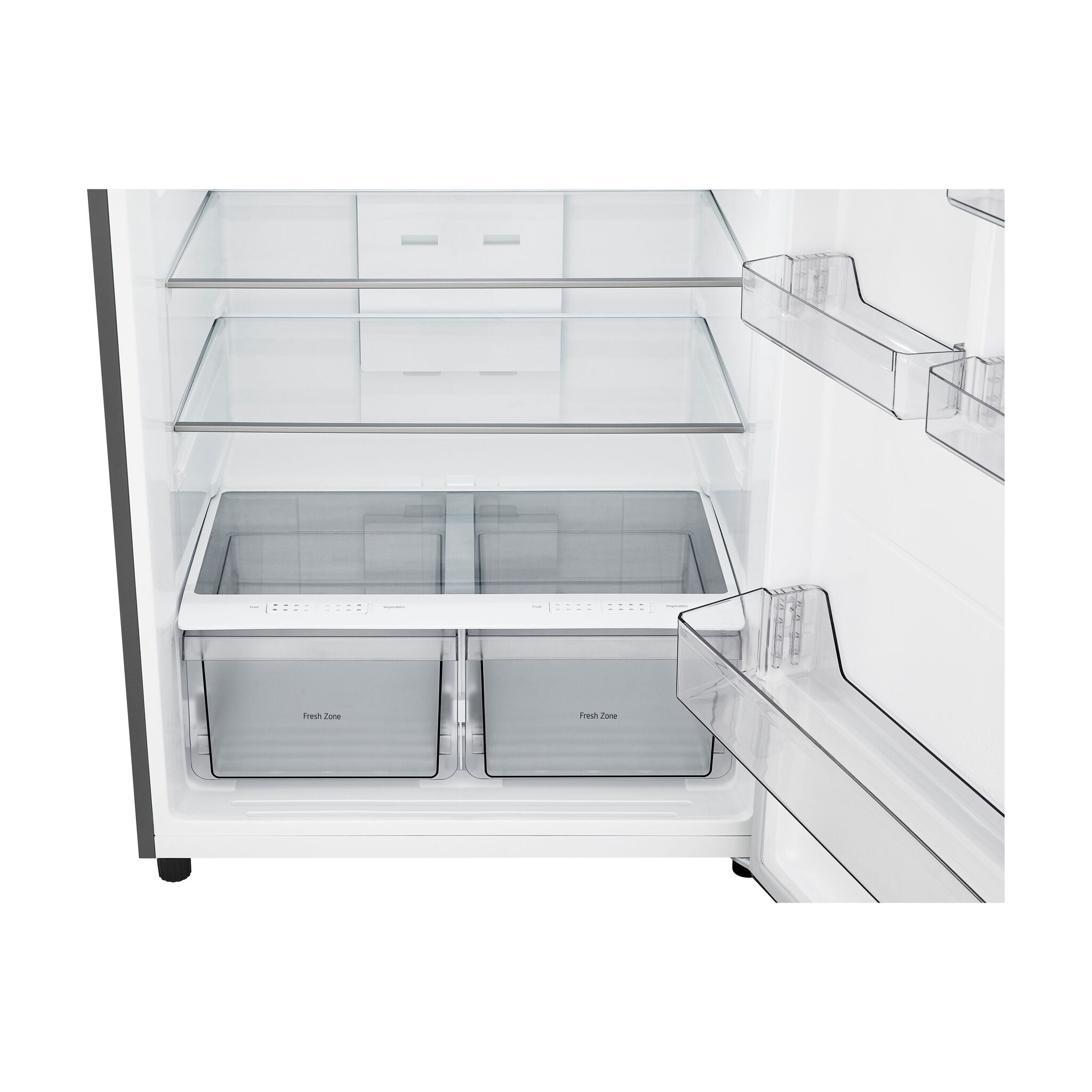 LG refrigerator interior with glass shelves, clear door bins and two Fresh Zone produce drawers