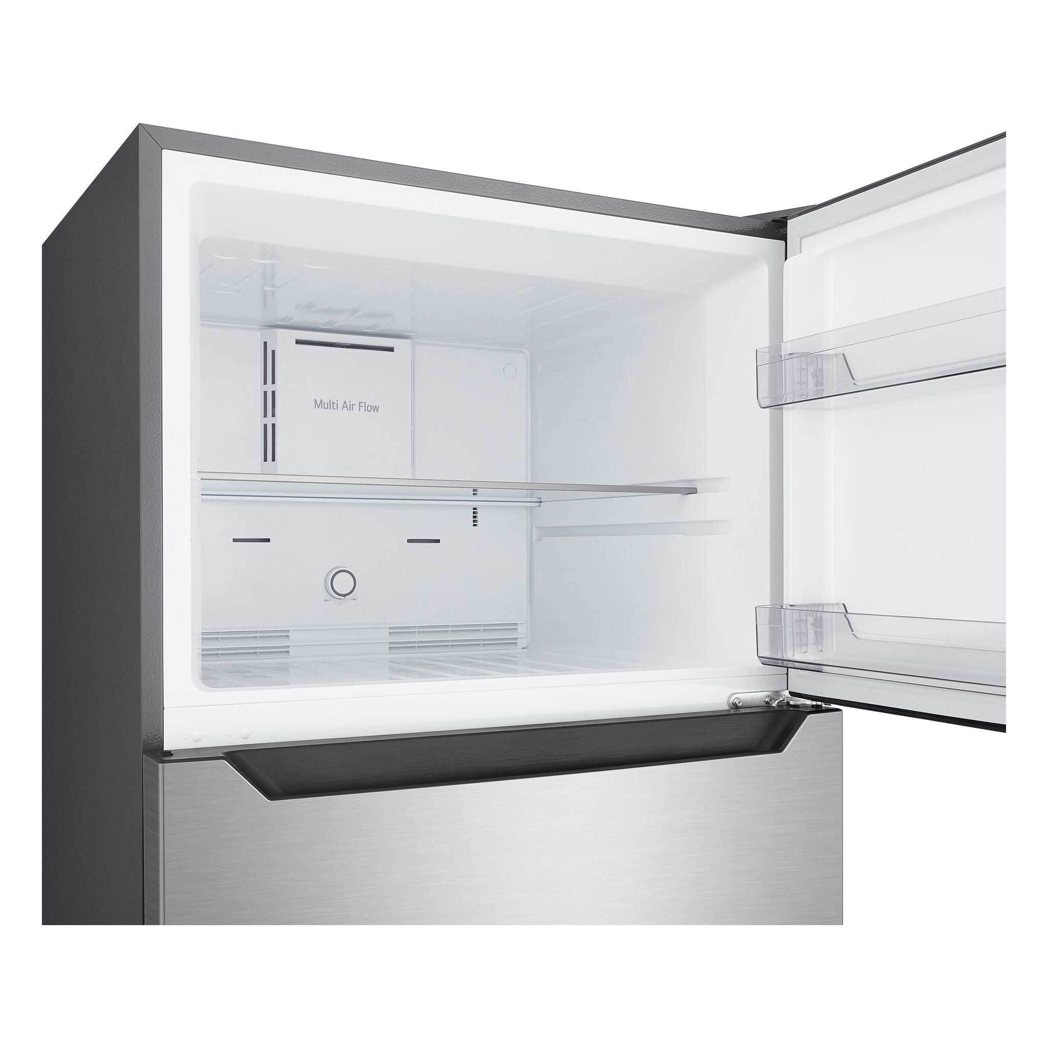 LG top freezer interior with glass shelf, clear door bins and Multi Air Flow panel
