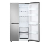 Right compartment open to reveal glass shelves, door storage and two clear drawers