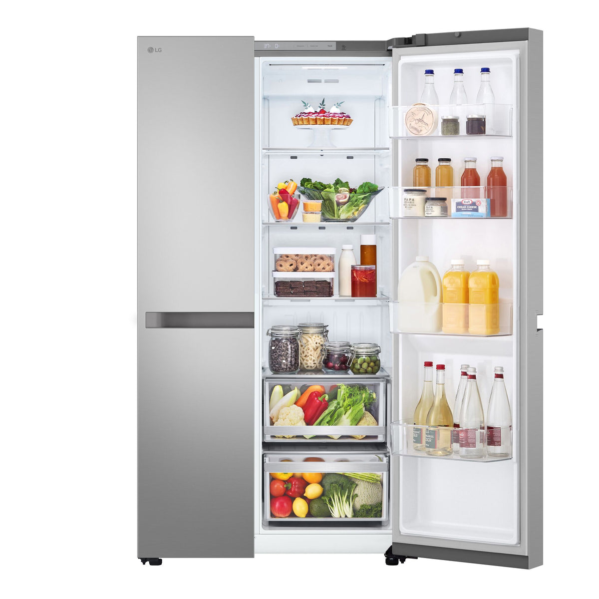 Stocked fresh food compartment with produce, beverages, desserts and adjustable door bins