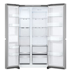 Open refrigerator showing glass shelves, clear door bins and four lower storage drawers