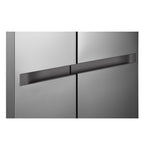 Close-up of the recessed horizontal handles across the stainless steel refrigerator doors