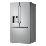 Angled view highlighting the stainless steel finish, French doors, dispenser and bottom freezer drawer