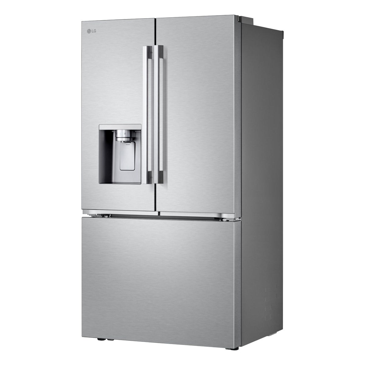 Angled view highlighting the stainless steel finish, French doors, dispenser and bottom freezer drawer