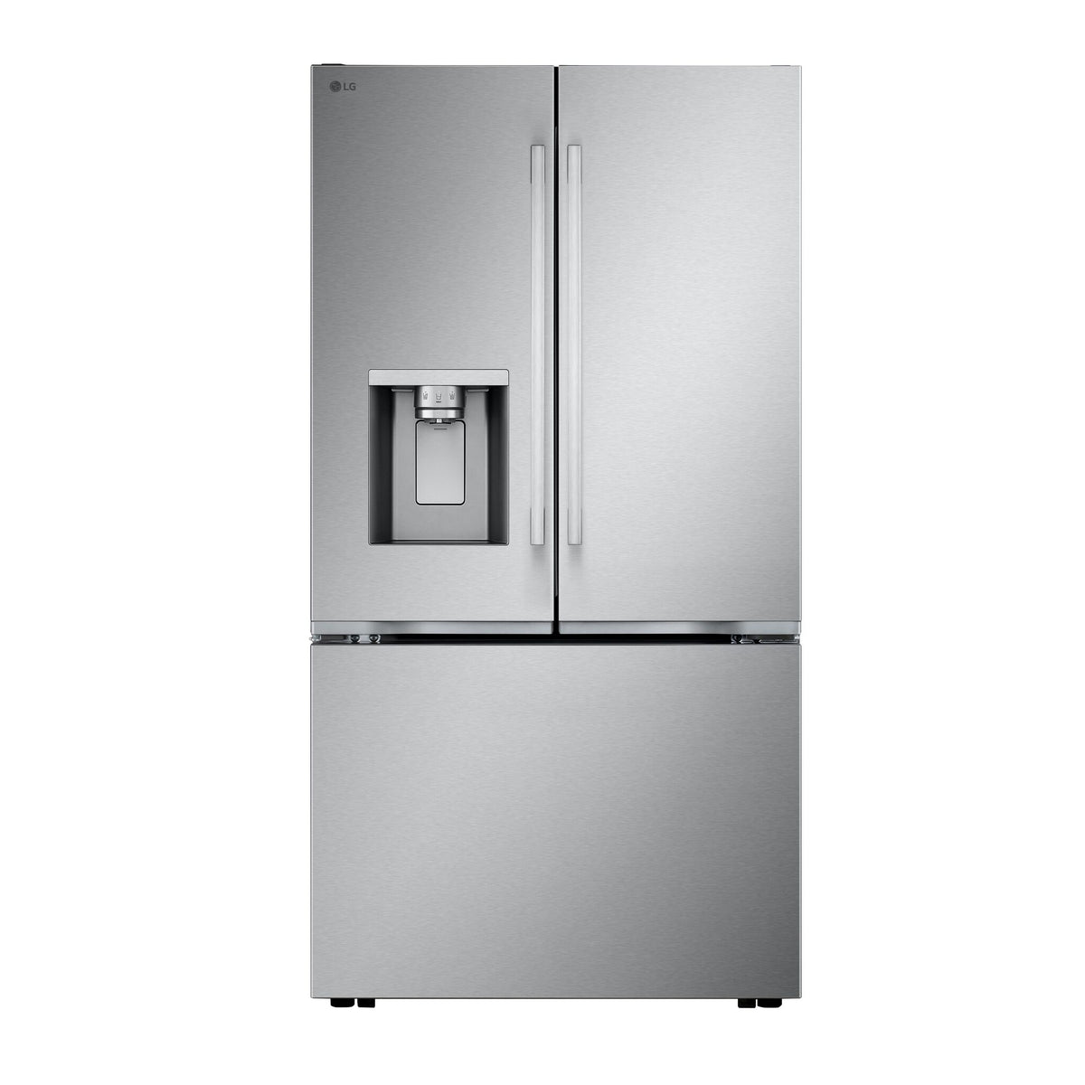 Front view of LG LF26WCH62S stainless steel French door refrigerator with exterior ice and water dispenser