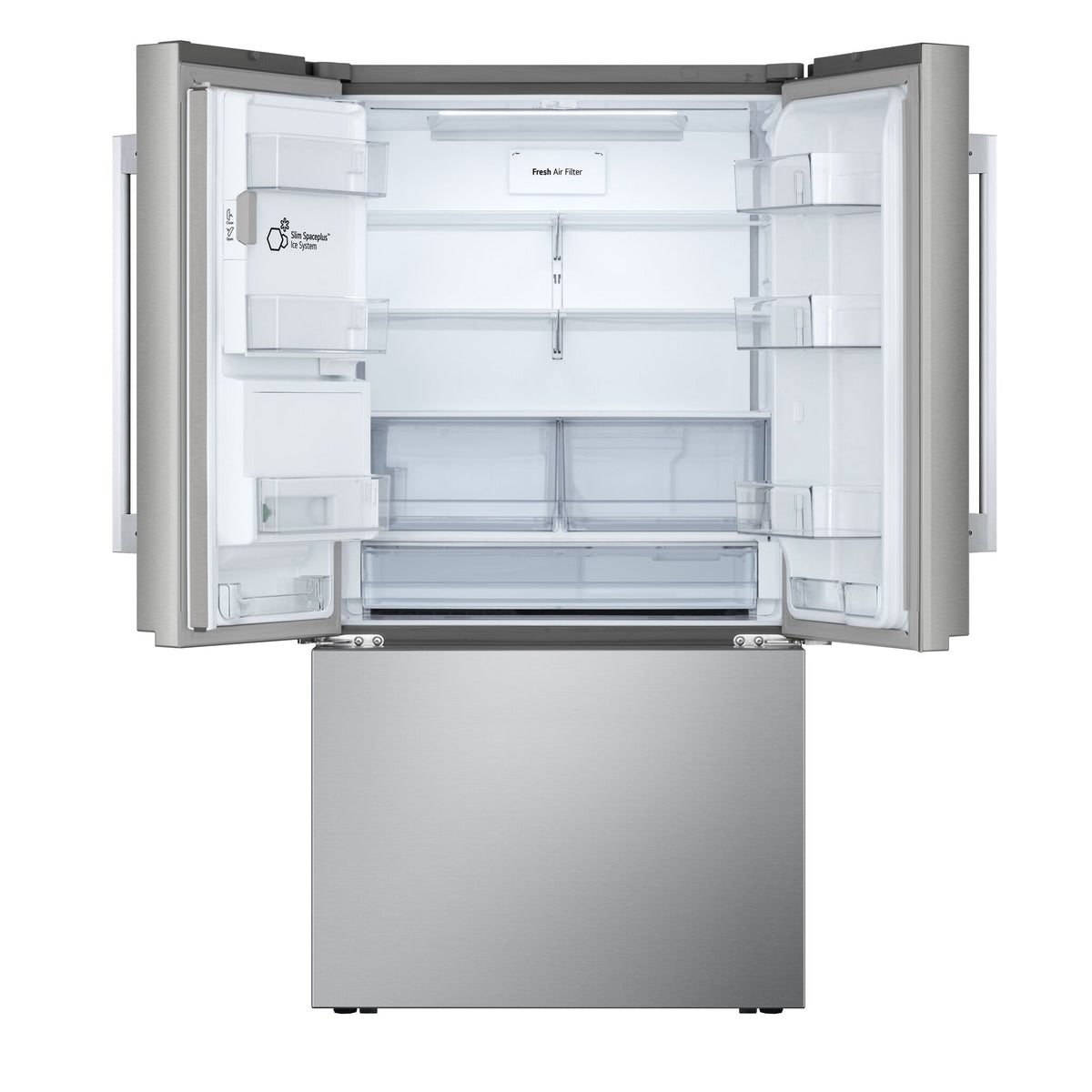 Open refrigerator showing glass shelves, clear door bins, produce drawers and full-width storage drawer