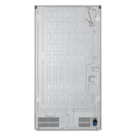 Rear view showing the refrigerator back panel, water connection and lower ventilation area