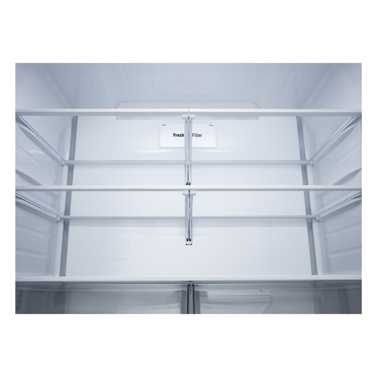 Adjustable split glass shelving with Fresh Air Filter mounted at the rear of the refrigerator