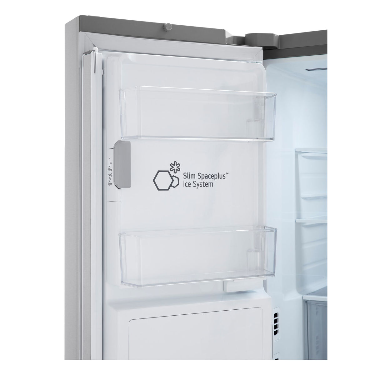 Refrigerator door interior featuring clear bins and the Slim SpacePlus ice system