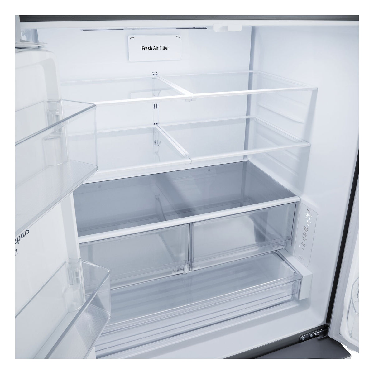 Interior view highlighting adjustable glass shelves, produce drawers and full-width lower storage