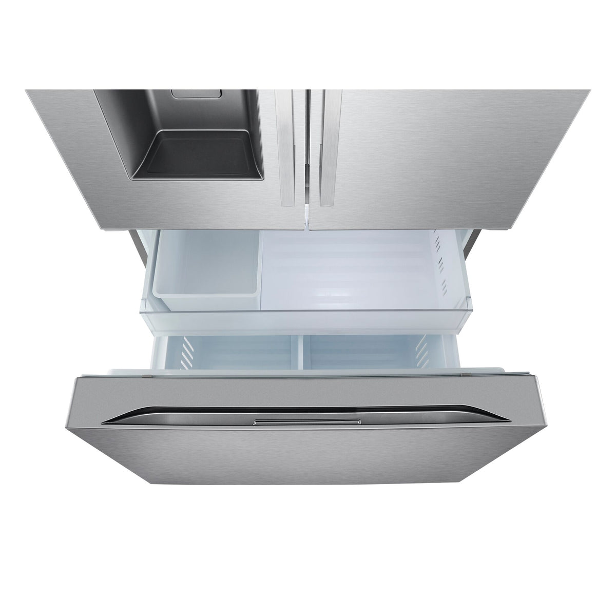 Top view of the open freezer showing divided bins and full-width pullout storage