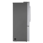 Side profile of the counter-depth refrigerator with dark side panel and stainless steel doors