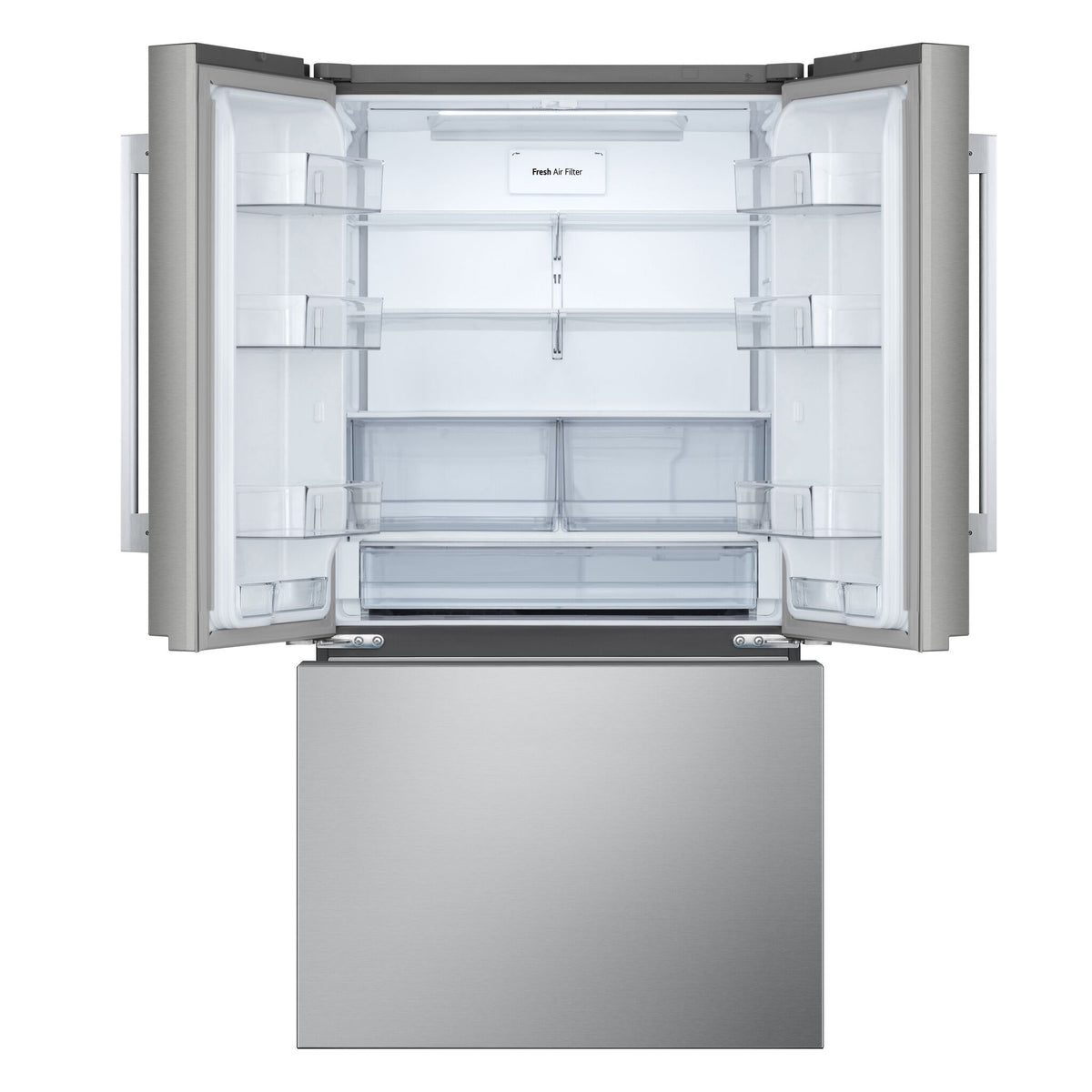 Open refrigerator showing glass shelves, door bins, produce drawers and Fresh Air Filter