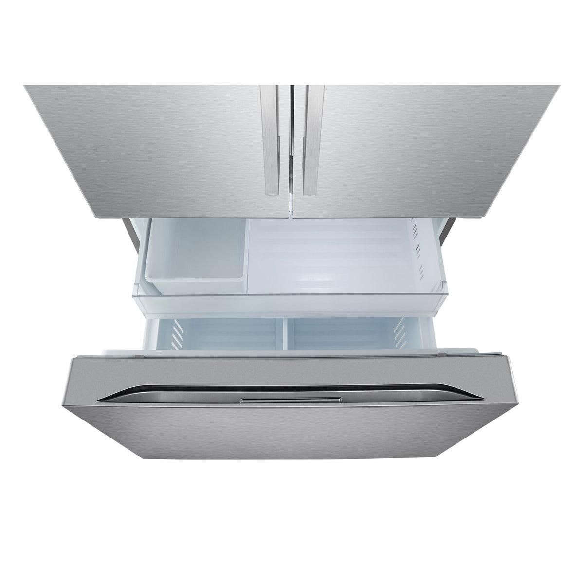 Top view of the open freezer showing divided storage bins and full-width pullout drawer
