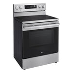 LG Stainless Steel 30" Freestanding Induction Range shown at an angle with black cooktop, rear control panel and oven