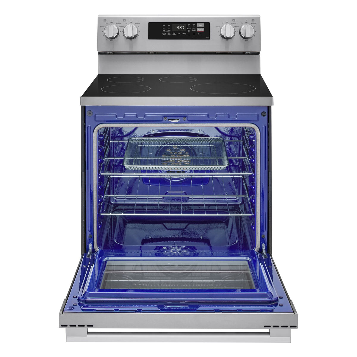 LG 30" induction range with oven door open, showing blue ProBake convection interior, racks and air fry tray